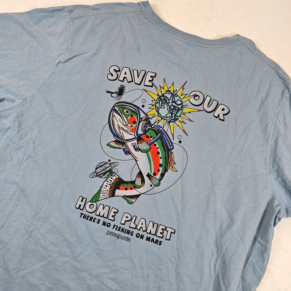 Patagonia Mens XL Blue Save Our Home Planet No Fishing On Mars Graphic T-Shirt